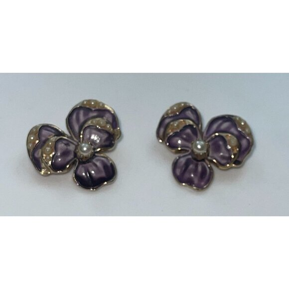 2 Twin Purple Enamel Pansy Flower Small Lapel Brooches With Faux Pearls - Februa - Picture 1 of 16